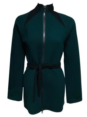 Geoffrey Beene Vintage Dark Green / Black Zip Front Wool Gauze Jacket with Belt